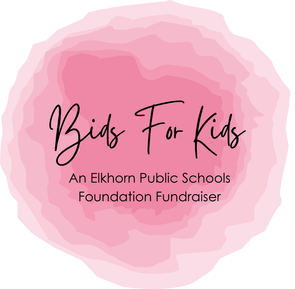 A pink watercolor circle with the words "Bids For Kids: An Elkhorn Public Schools Fundraiser" in the center